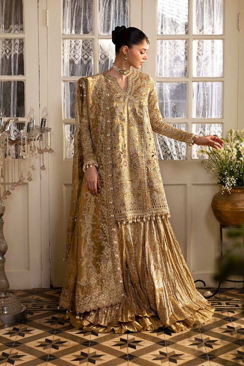 Afrozeh Dastangoi Embroidered Tissue Zari Unstitched 3Pc Suit AWS-03 GOLDVEIL