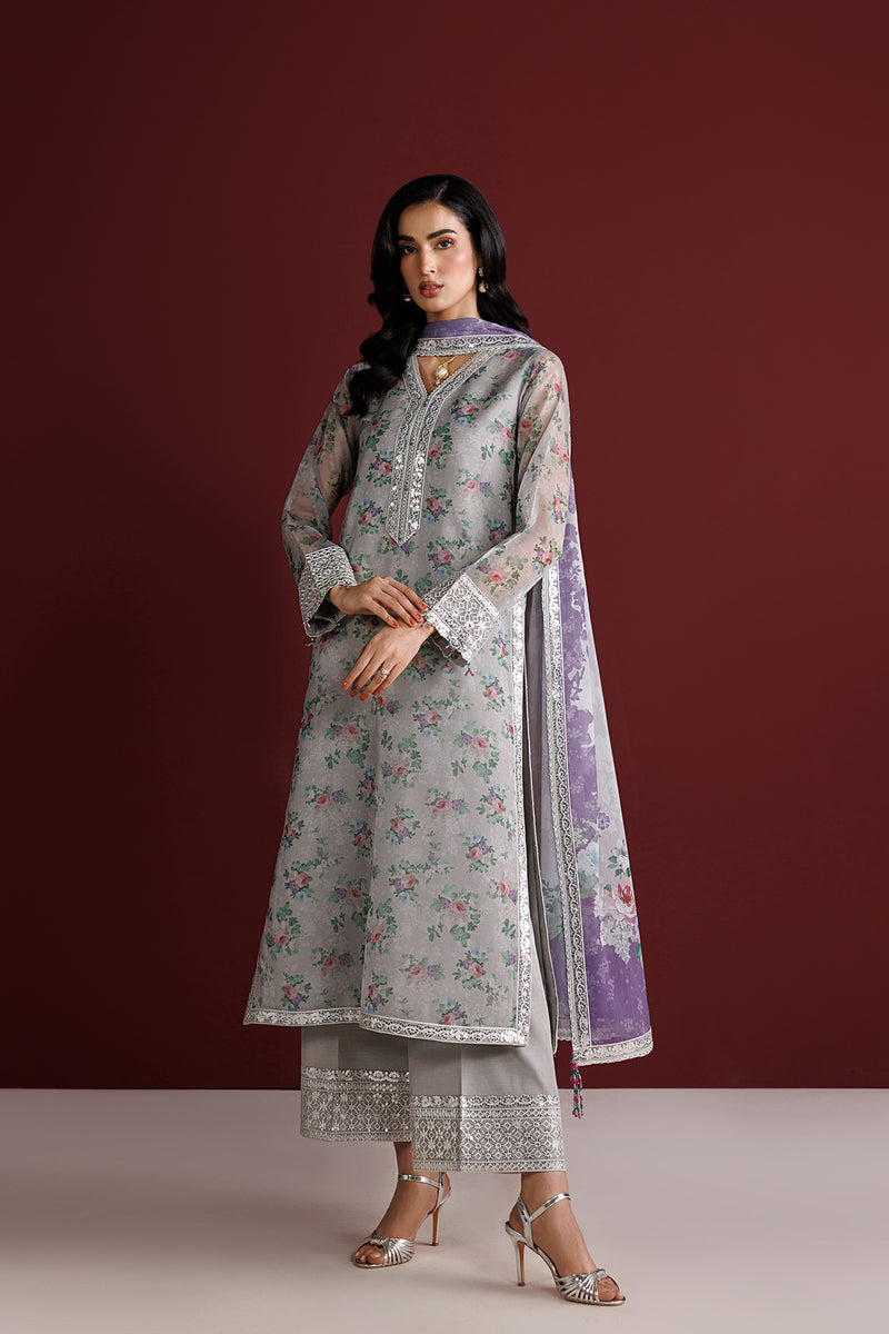 Farasha Fiorella Embroidered Chiffon Unstitched 3Pc Suit - Grey Opal