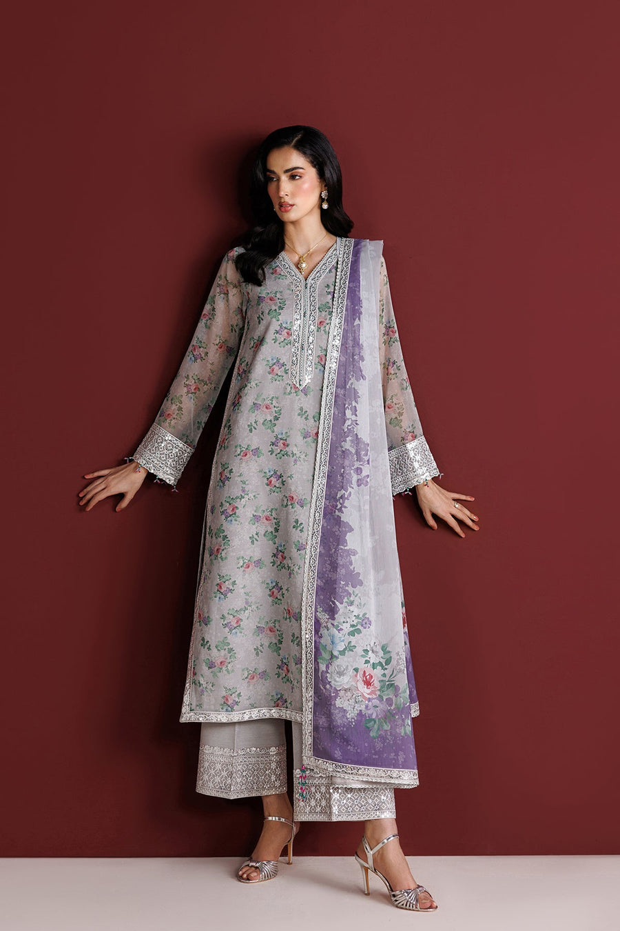 Farasha Fiorella Embroidered Chiffon Unstitched 3Pc Suit - Grey Opal