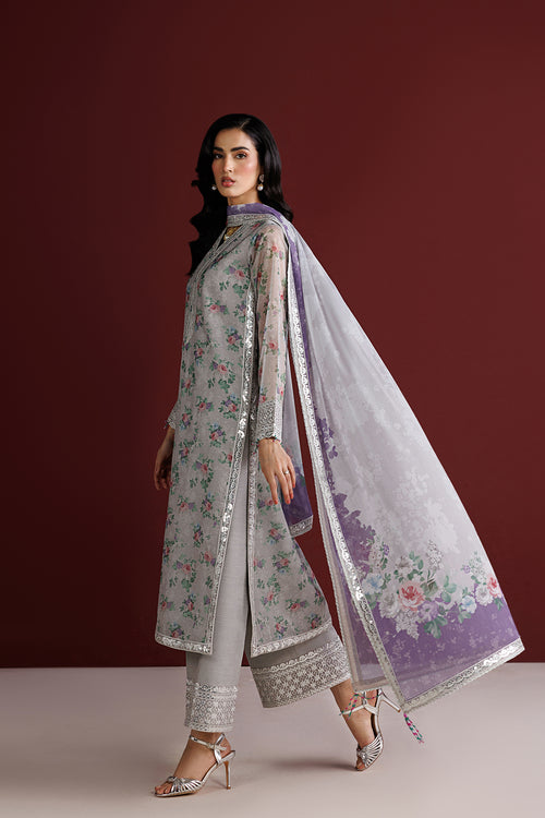 Farasha Fiorella Embroidered Chiffon Unstitched 3Pc Suit - Grey Opal