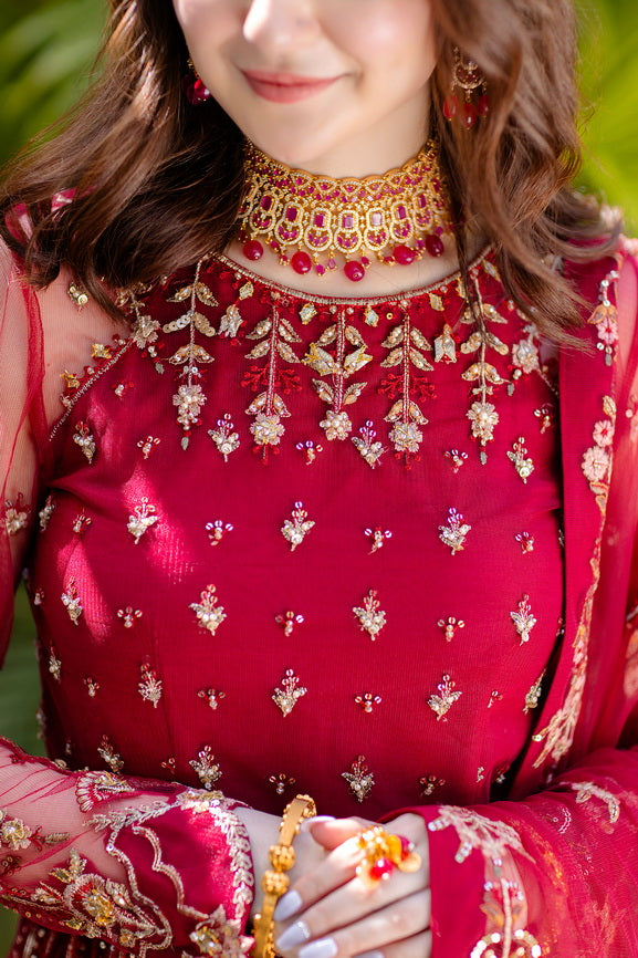 Noor by Azzal Embroidered Net Unstitched 3Pc Suit D-03 Gulaab