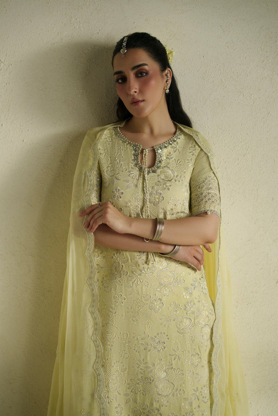 VERA Embroidered Raw Silk Unstitched 3Pc Suit - Gulab Butter Yellow