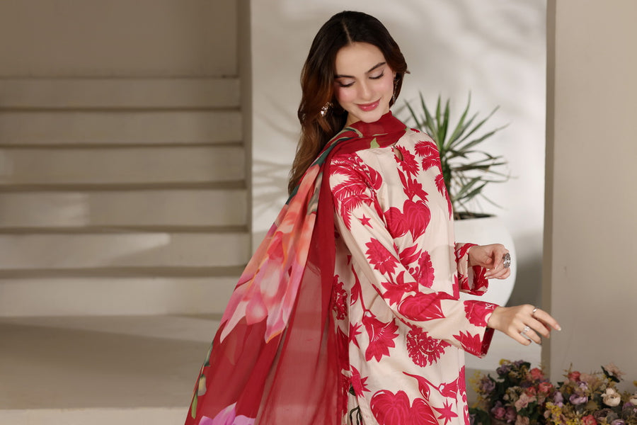 Feathers The Imperial Bloom Printed Lawn Unstitched 3Pc Suit Gulabi Twirl-FT658