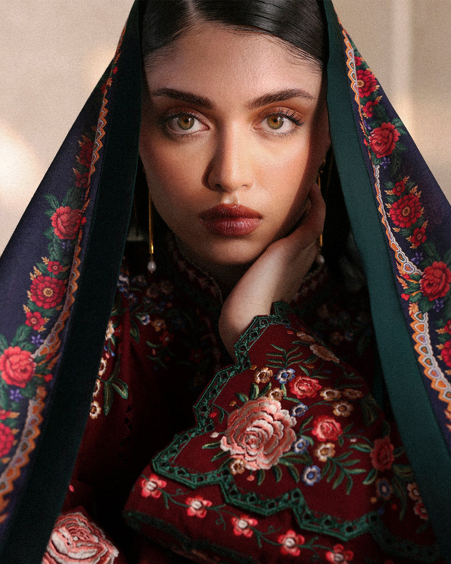 Jugnu Lahore Womenswear Embroidered Khaddar Unstitched 3Pc Suit - GULSHAN