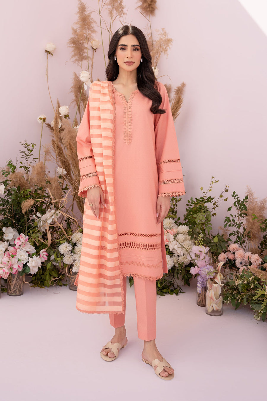 HANA Sunshine Sartorial Stitched Summer Solids 3Pc Suit - Apricot