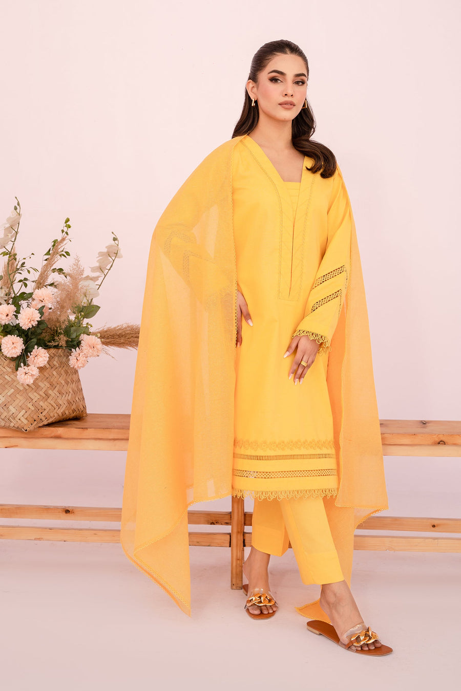HANA Sunshine Sartorial Stitched Summer Solids 3Pc Suit - Saffron