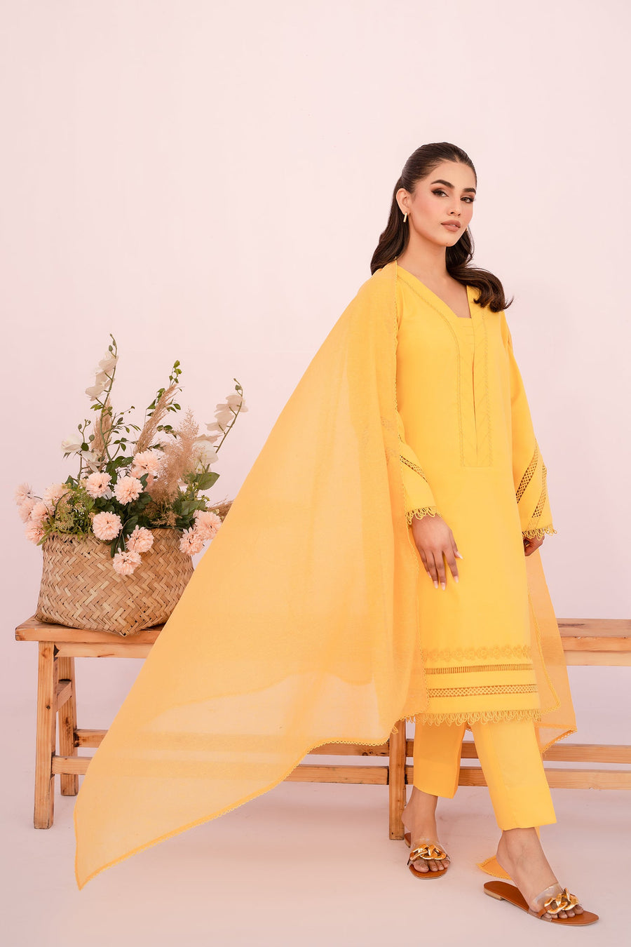 HANA Sunshine Sartorial Stitched Summer Solids 3Pc Suit - Saffron
