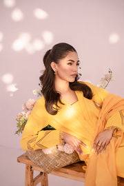 HANA Sunshine Sartorial Stitched Summer Solids 3Pc Suit - Saffron