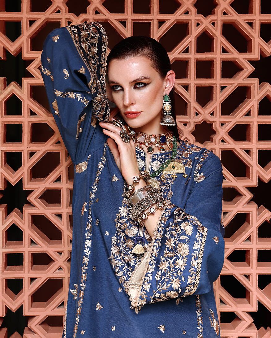 Mushq Hemline Nuvera Embroidered Raw Silk Unstitched 3Pc Suit D-01 Vivian