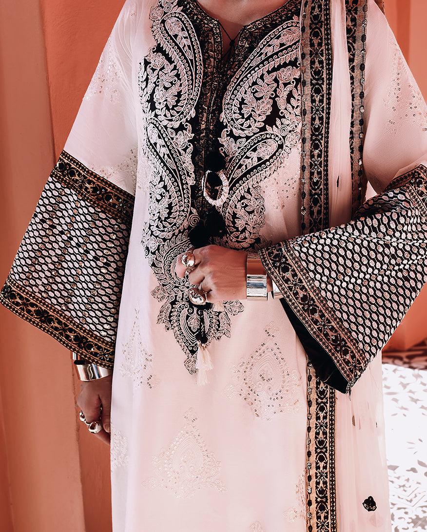 Mushq Hemline Nuvera Embroidered Raw Silk Unstitched 3Pc Suit D-02 Gillian