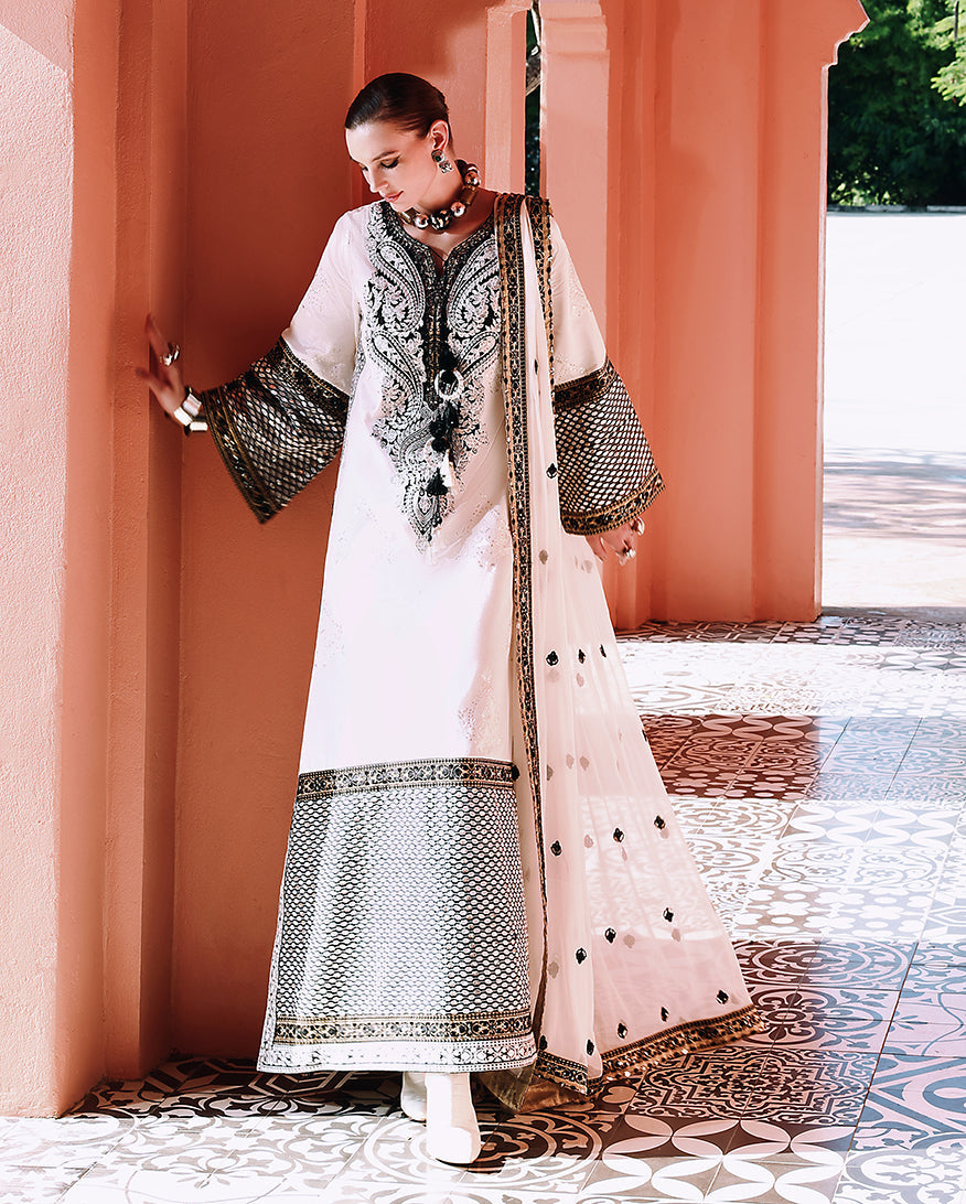 Mushq Hemline Nuvera Embroidered Raw Silk Unstitched 3Pc Suit D-02 Gillian
