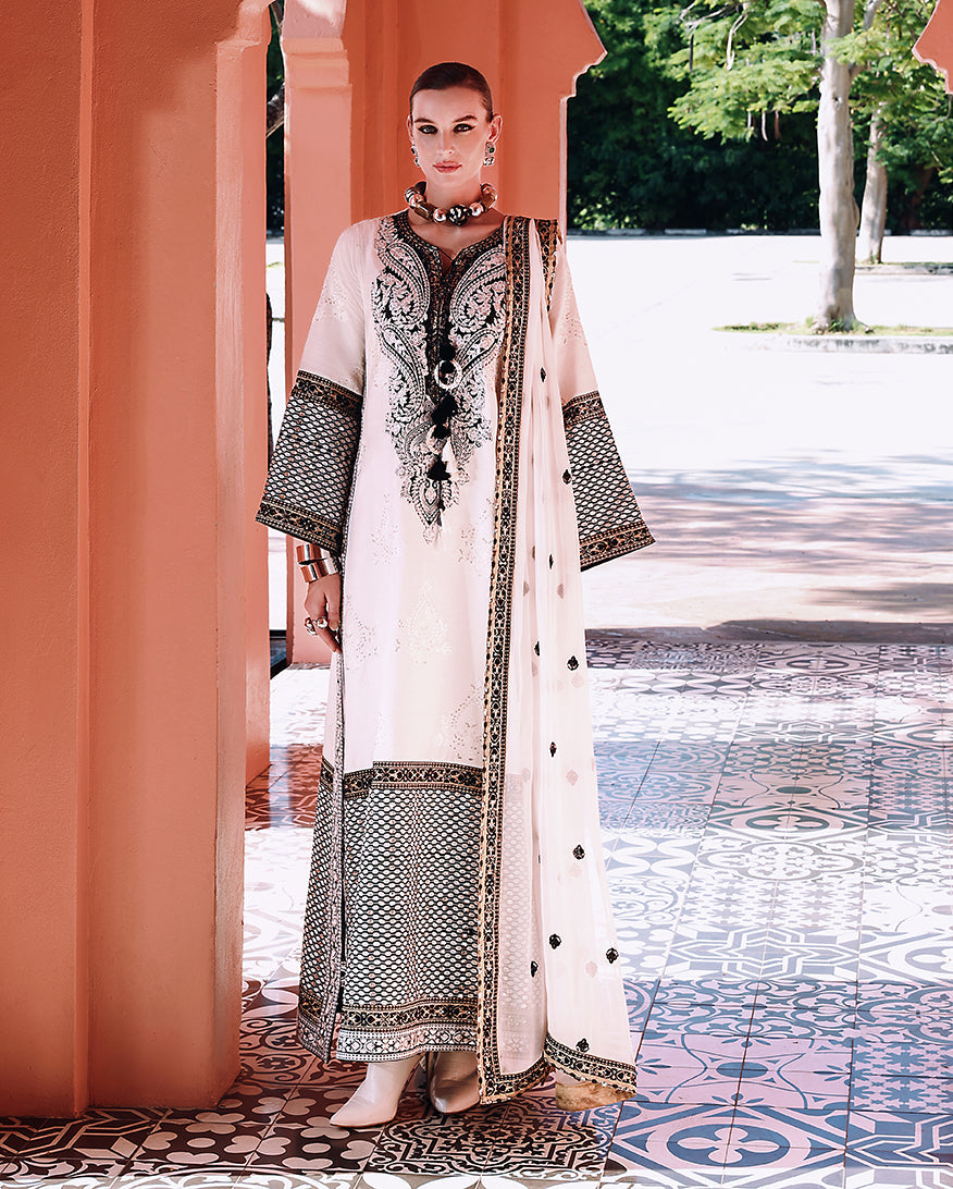 Mushq Hemline Nuvera Embroidered Raw Silk Unstitched 3Pc Suit D-02 Gillian