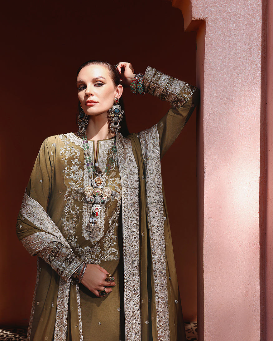 Mushq Hemline Nuvera Embroidered Raw Silk Unstitched 3Pc Suit D-03 Jadis