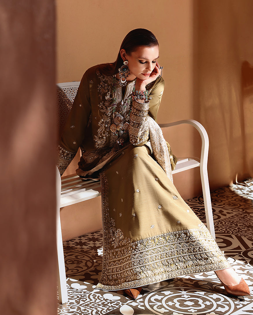 Mushq Hemline Nuvera Embroidered Raw Silk Unstitched 3Pc Suit D-03 Jadis