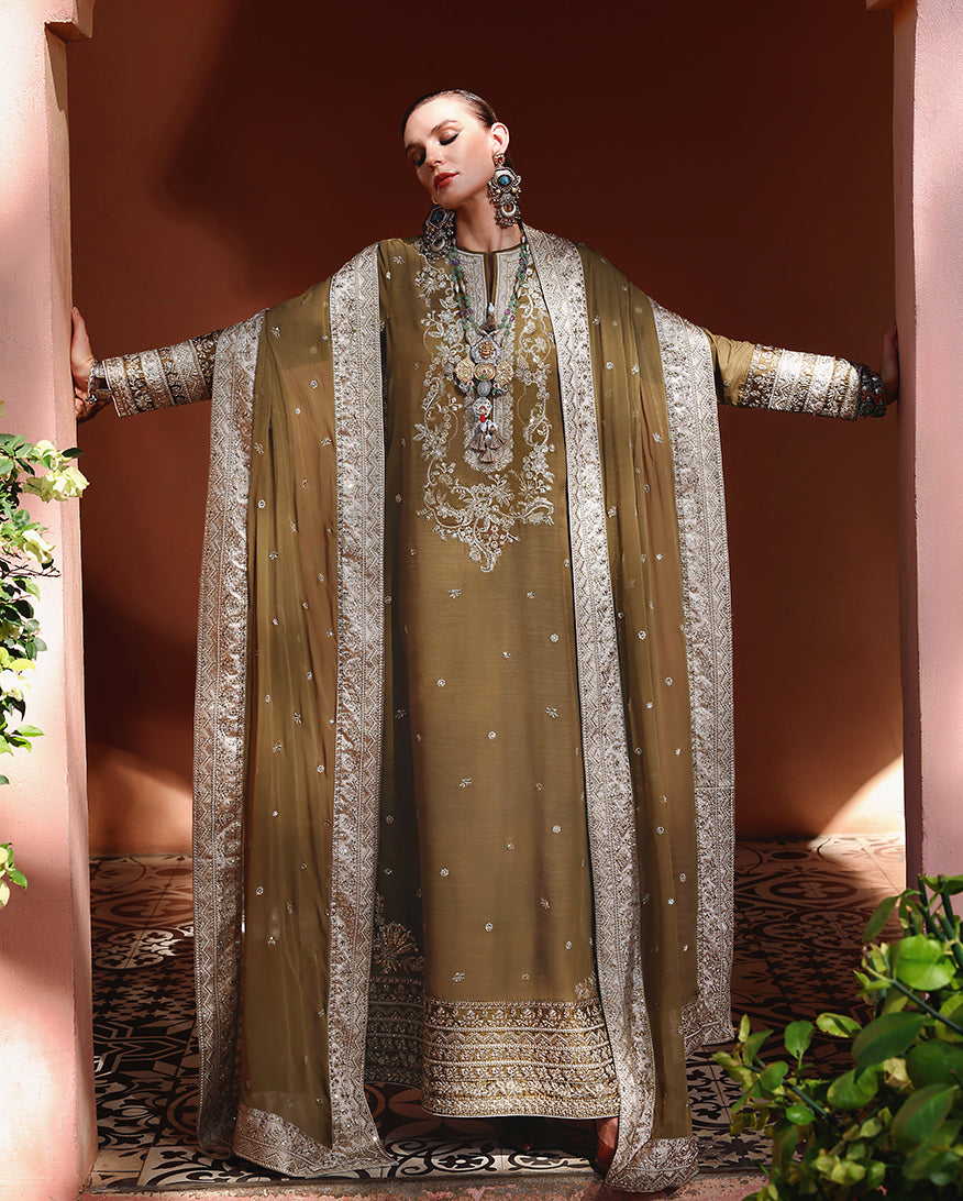 Mushq Hemline Nuvera Embroidered Raw Silk Unstitched 3Pc Suit D-03 Jadis