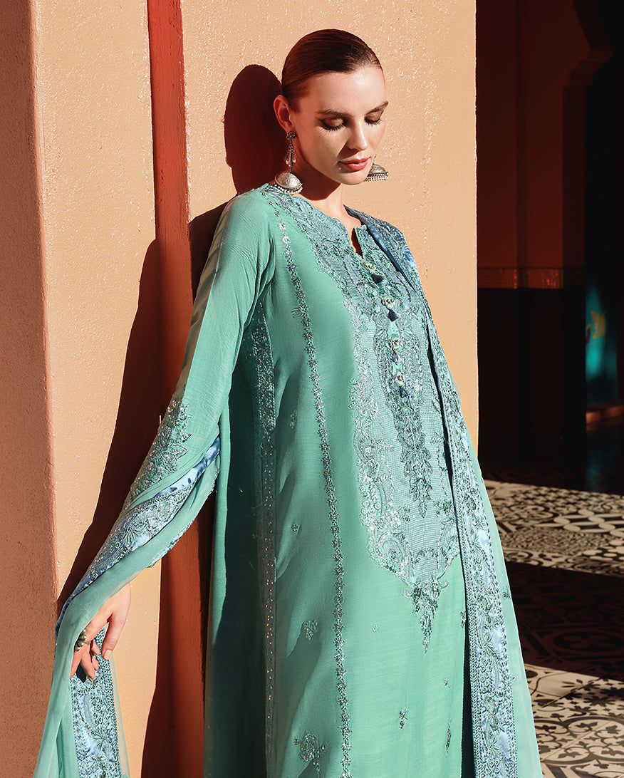 Mushq Hemline Nuvera Embroidered Raw Silk Unstitched 3Pc Suit D-05 Sybil