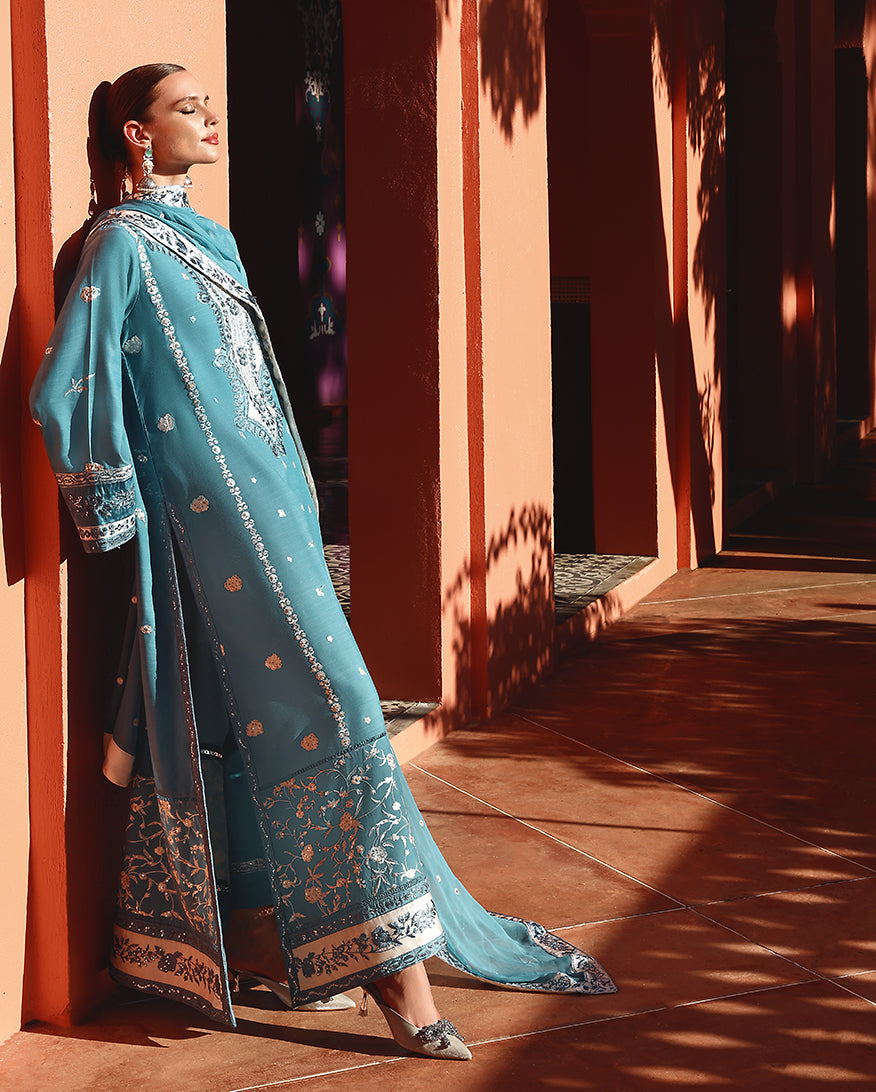 Mushq Hemline Nuvera Embroidered Raw Silk Unstitched 3Pc Suit D-08 Glinda