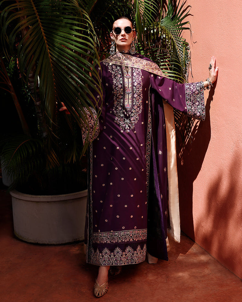 Mushq Hemline Nuvera Embroidered Raw Silk Unstitched 3Pc Suit D-10 Minerva