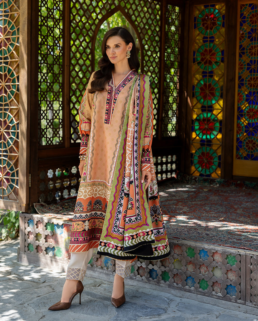 Mushq Hemline Nirvana Echoes Of Serneity Raw Silk Unstitched 3Pc Suit - Solara Crest