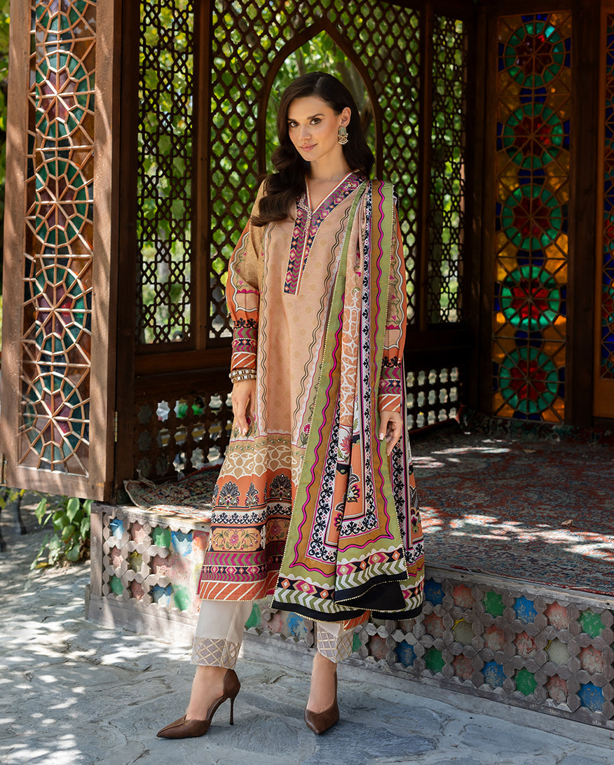 Mushq Hemline Nirvana Echoes Of Serneity Raw Silk Unstitched 3Pc Suit - Solara Crest