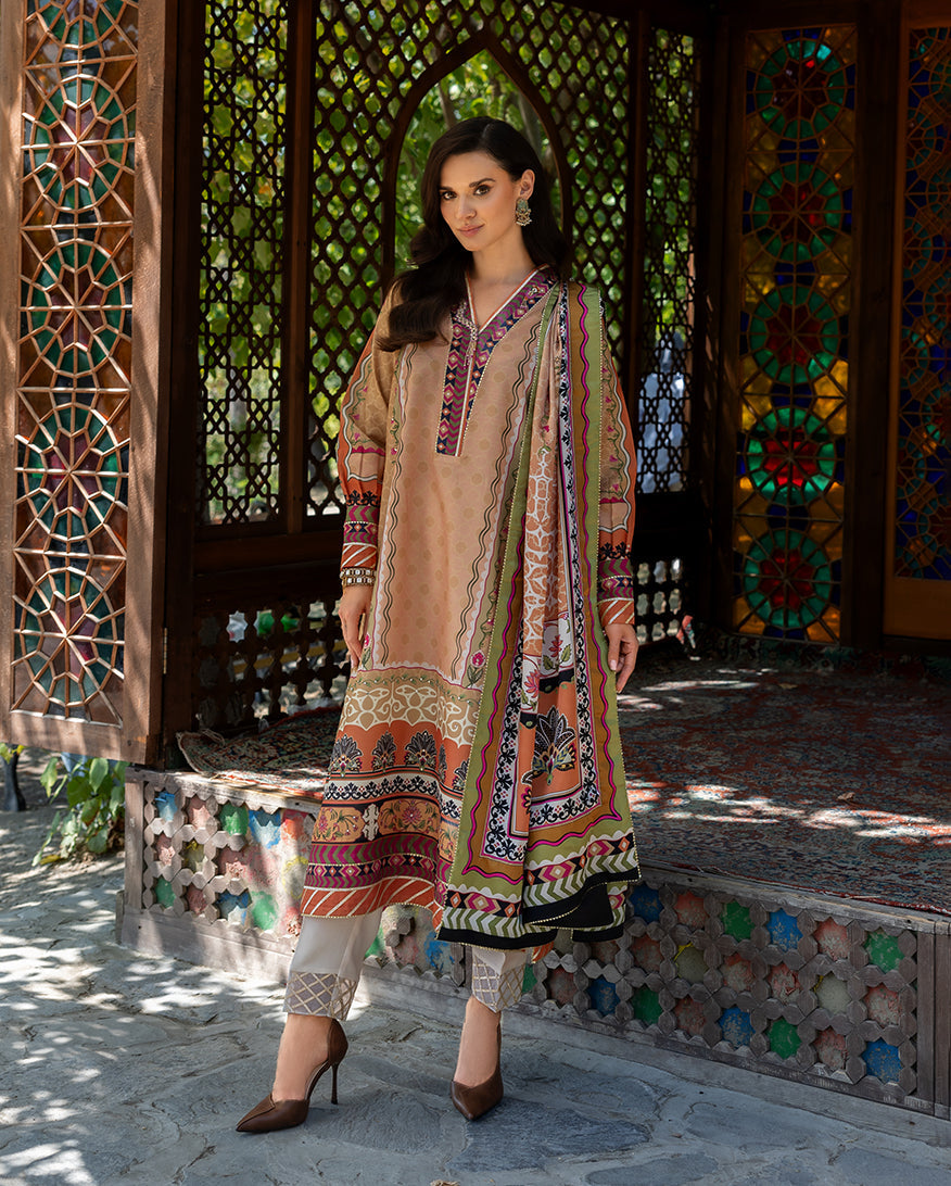 Mushq Hemline Nirvana Echoes Of Serneity Raw Silk Unstitched 3Pc Suit - Solara Crest