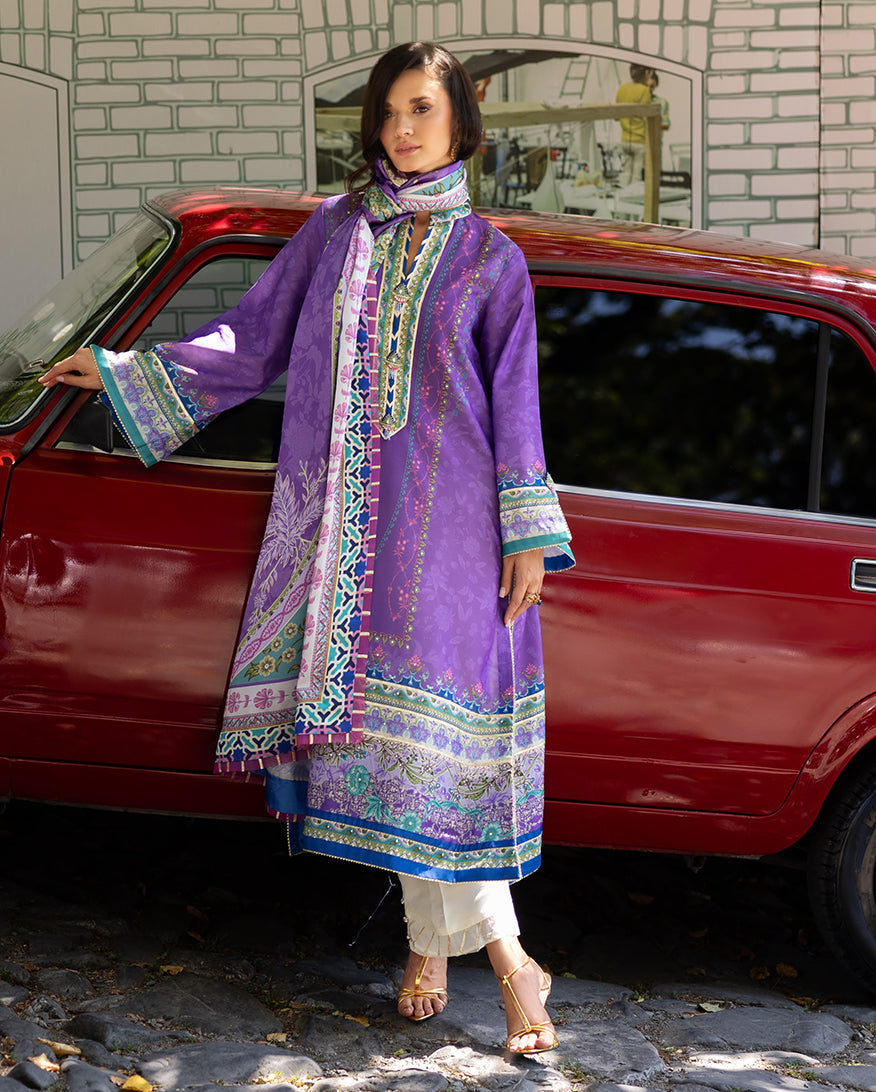 Mushq Hemline Nirvana Echoes Of Serneity Raw Silk Unstitched 3Pc Suit - Cosmic Spindle