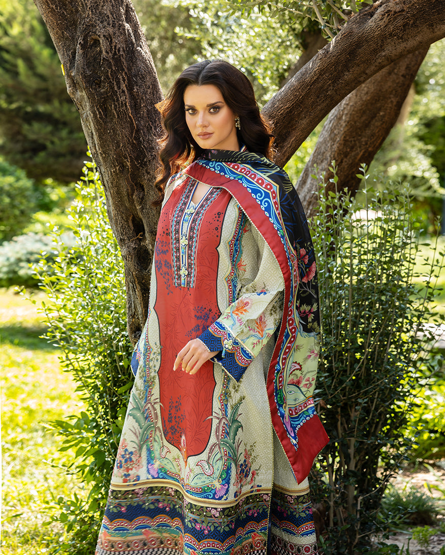 Mushq Hemline Nirvana Echoes Of Serneity Raw Silk Unstitched 3Pc Suit - Ethereal Gleam