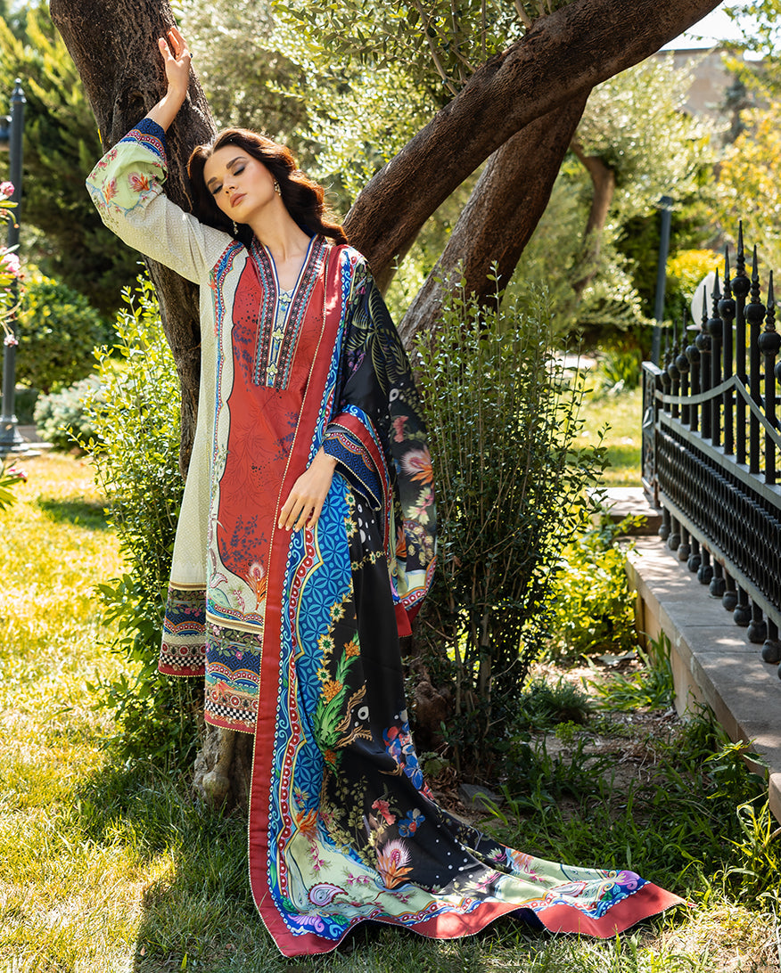 Mushq Hemline Nirvana Echoes Of Serneity Raw Silk Unstitched 3Pc Suit - Ethereal Gleam