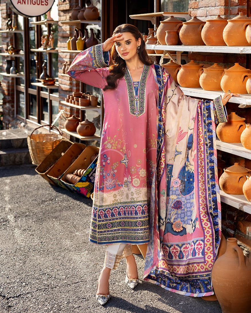 Mushq Hemline Nirvana Echoes Of Serneity Raw Silk Unstitched 3Pc Suit - Meridian Bloom