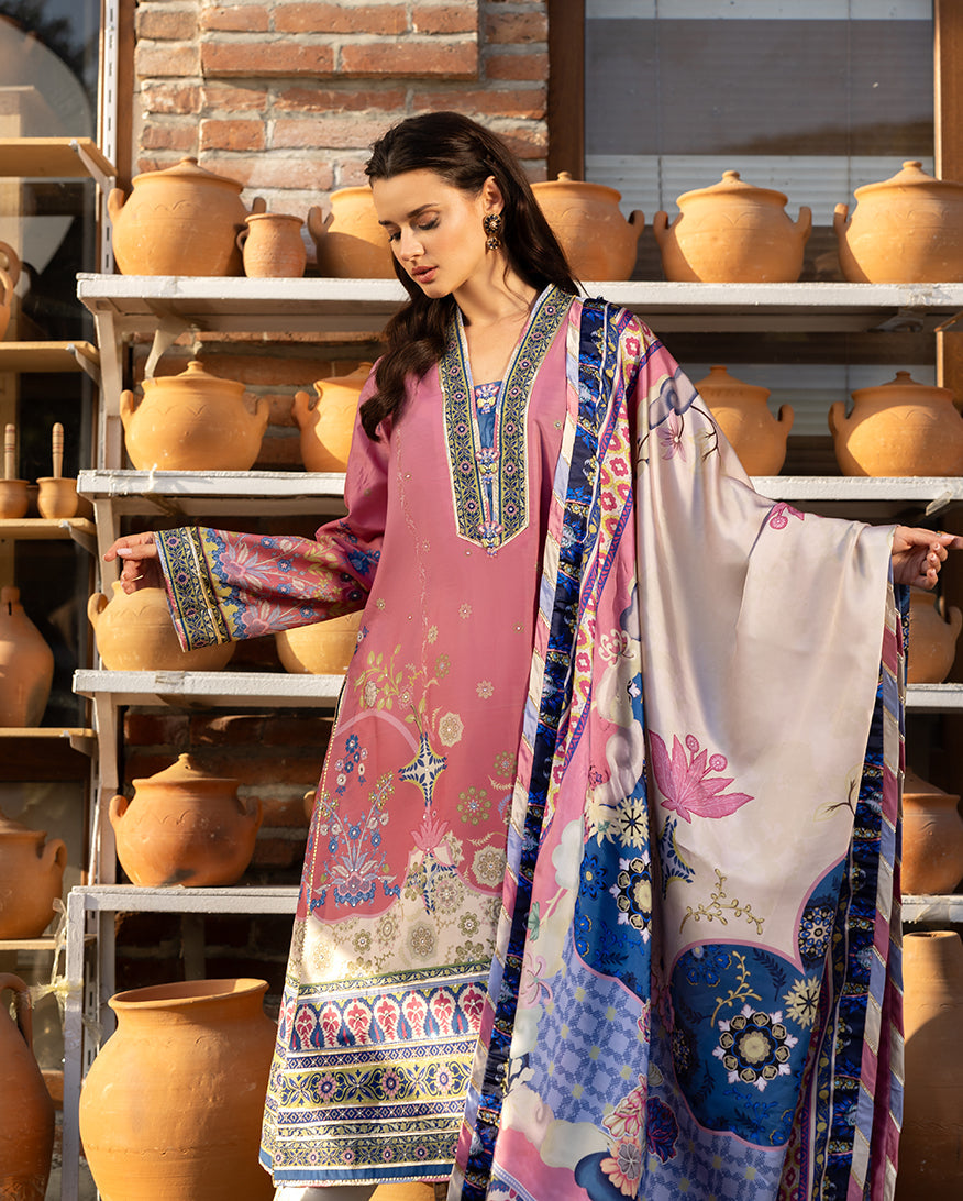 Mushq Hemline Nirvana Echoes Of Serneity Raw Silk Unstitched 3Pc Suit - Meridian Bloom