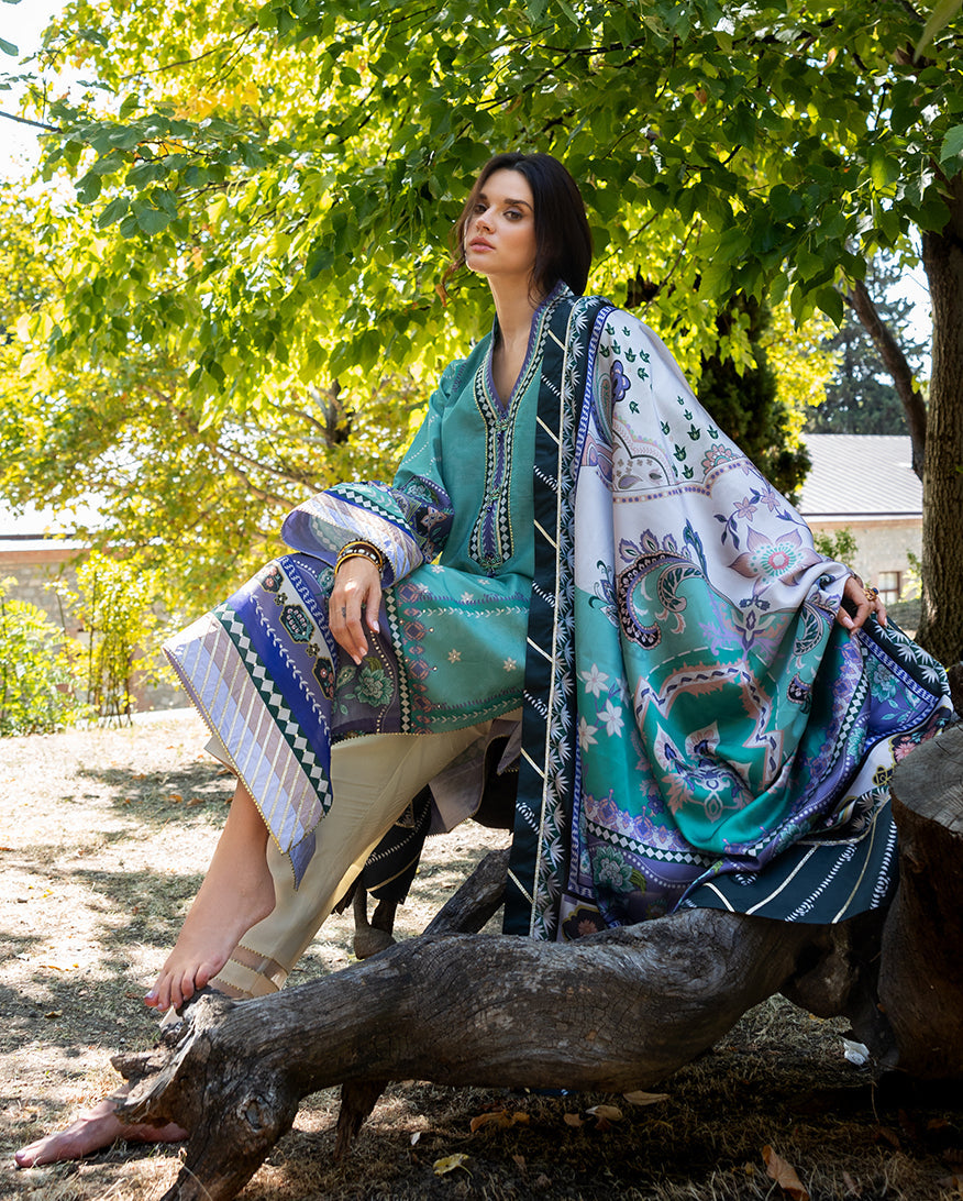 Mushq Hemline Nirvana Echoes Of Serneity Raw Silk Unstitched 3Pc Suit - Lunar Dew