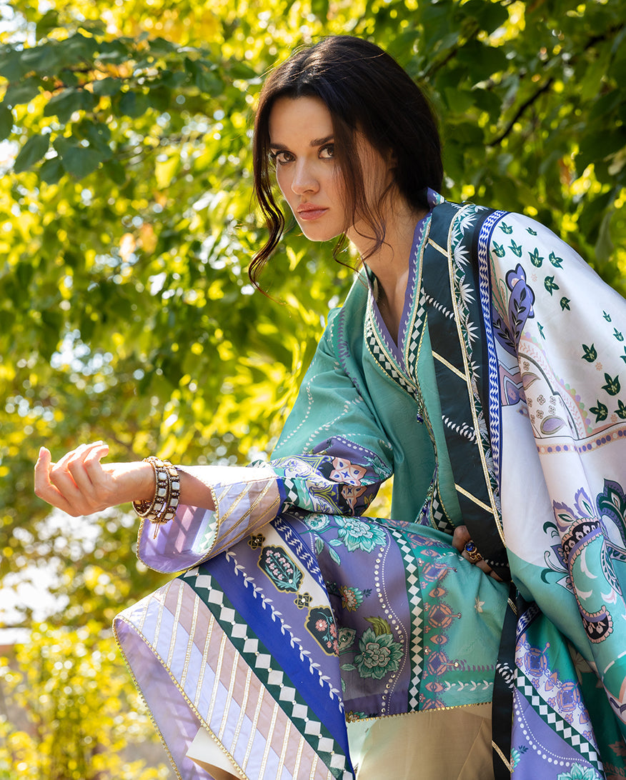 Mushq Hemline Nirvana Echoes Of Serneity Raw Silk Unstitched 3Pc Suit - Lunar Dew