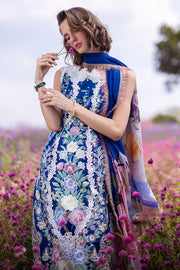 Mushq Hemline The Secerat Garden Unstitched Lawn 3Pc Suit HML24-2B Blue Morpho