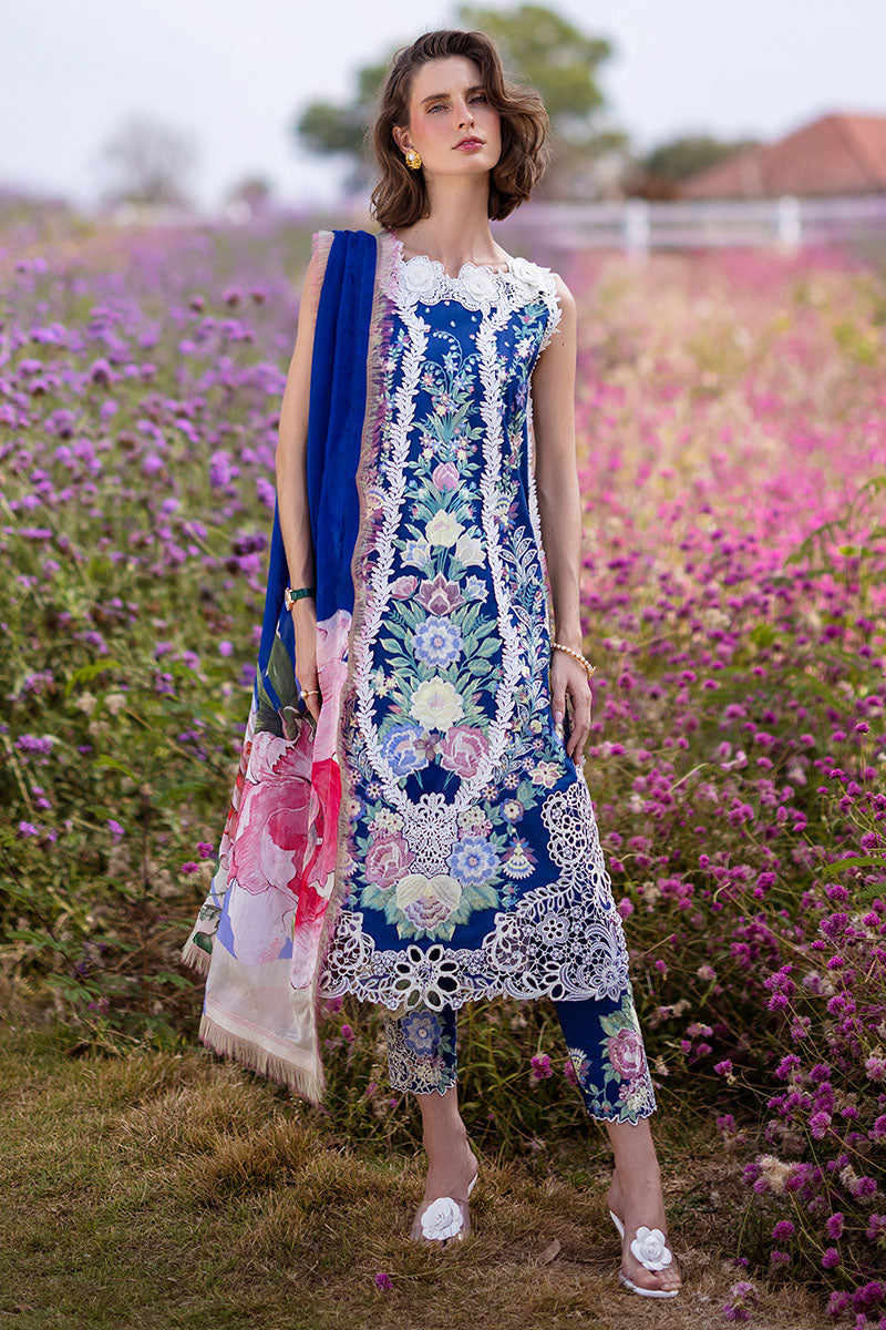 Mushq Hemline The Secerat Garden Unstitched Lawn 3Pc Suit HML24-2B Blue Morpho