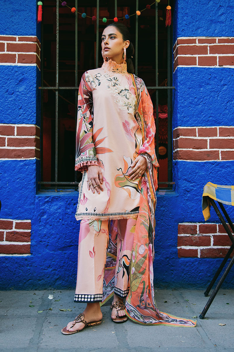 Hemline by Mushq La Dolce Unstitched Lawn 3Pc Suit D-04A Peach Poppies