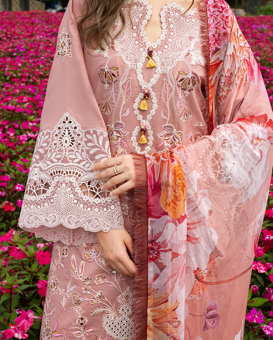 Mushq Hemline The Secerat Garden Unstitched Lawn 3Pc Suit - Peach Blossom