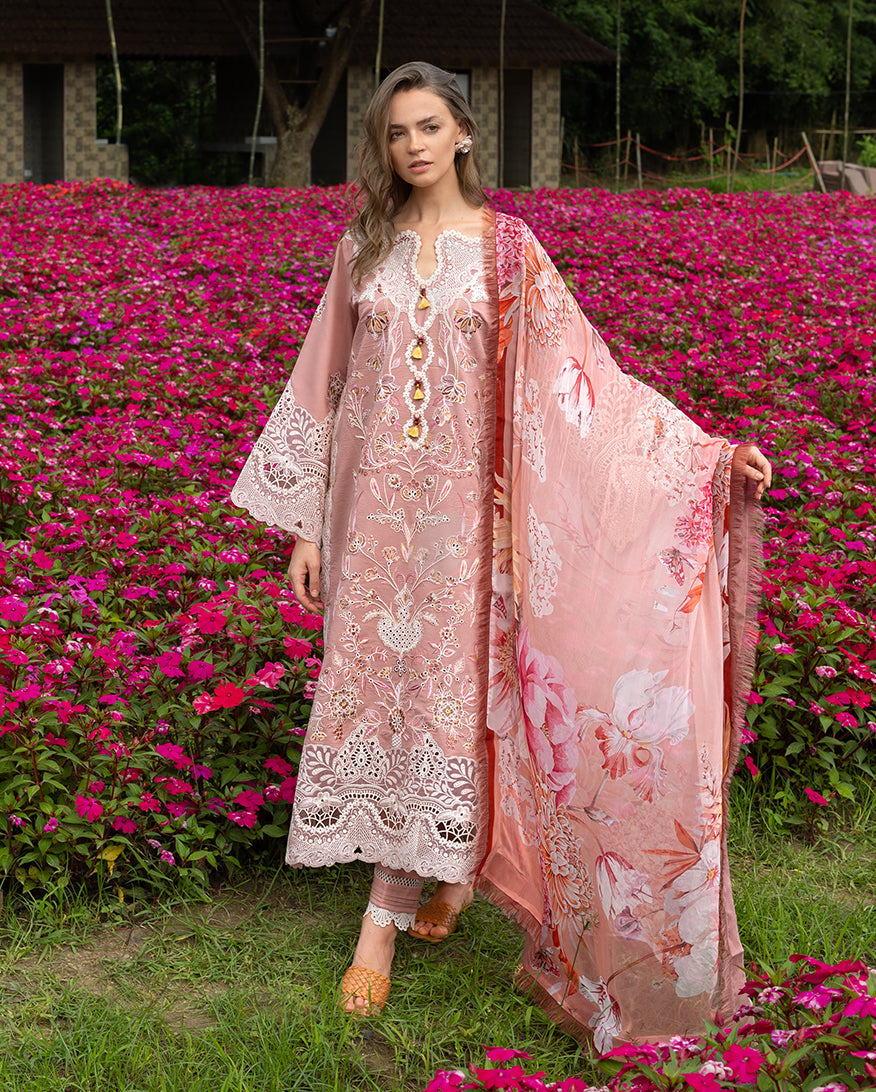 Mushq Hemline The Secerat Garden Unstitched Lawn 3Pc Suit - Peach Blossom