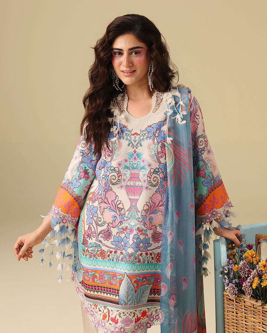 Mushq Hemline Soleil Prints Unstitched 3Pc Suit HLM26-05 Eden Whisper