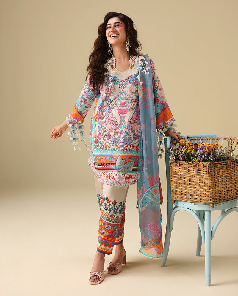 Mushq Hemline Soleil Prints Unstitched 3Pc Suit HLM26-05 Eden Whisper