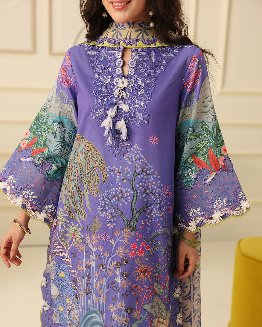 Mushq Hemline Soleil Prints Unstitched 3Pc Suit HLM26-07 Camellia Kiss