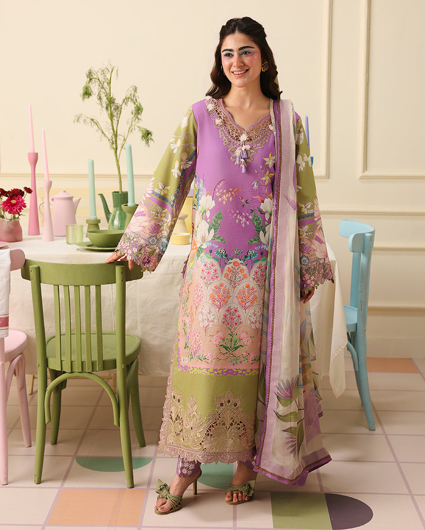 Mushq Hemline Soleil Prints Unstitched 3Pc Suit HLM26-08 Lilac Whim