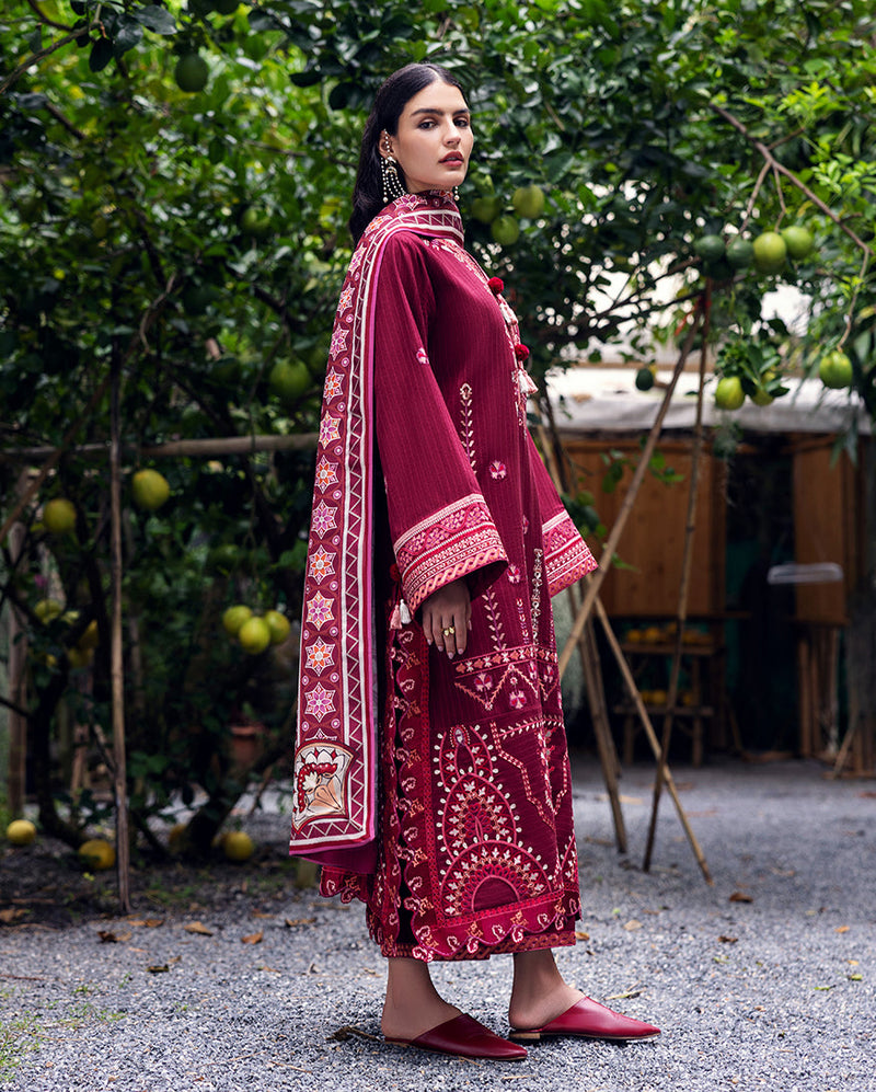 Hemline by Mushq Symphony Unstitched Karandi 3Pc Suit - Emerald Glimmer