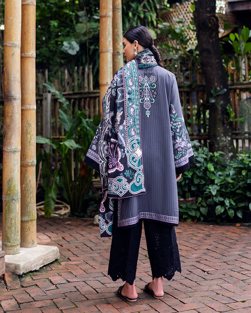 Hemline by Mushq Symphony Unstitched Karandi 3Pc Suit - Silver Mist