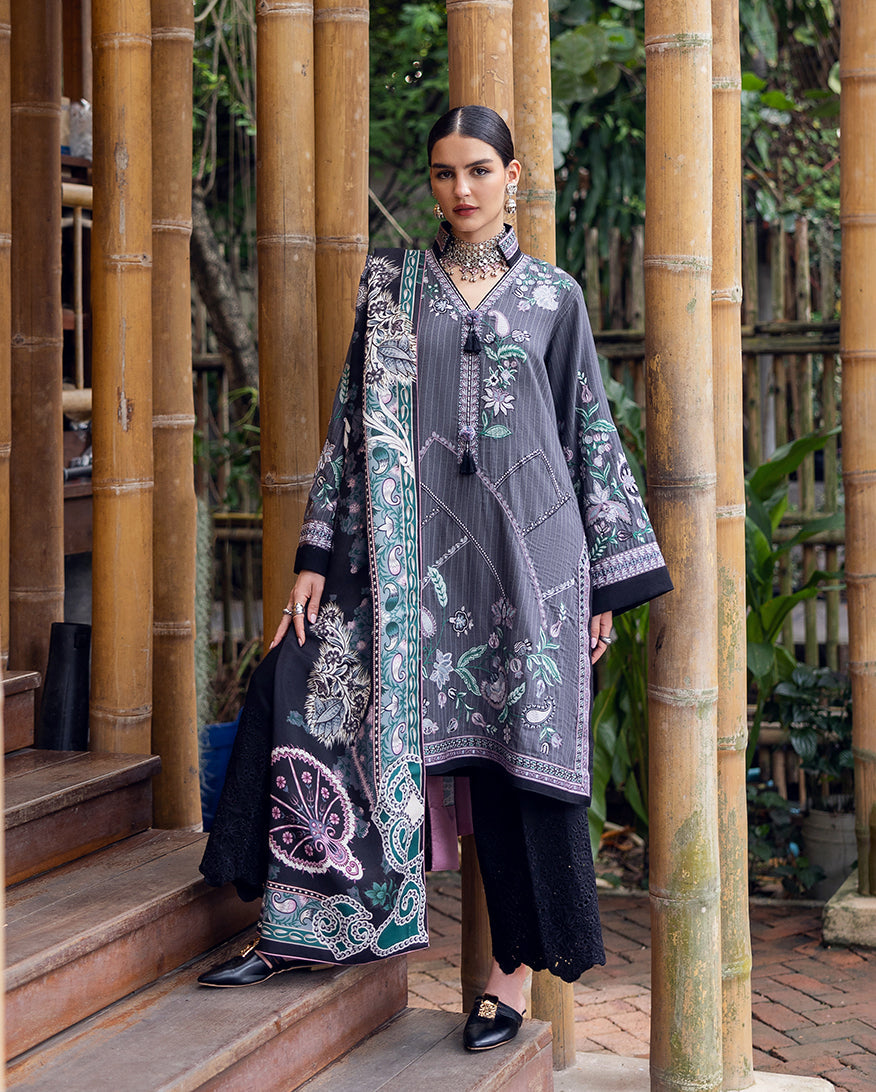 Hemline by Mushq Symphony Unstitched Karandi 3Pc Suit - Silver Mist