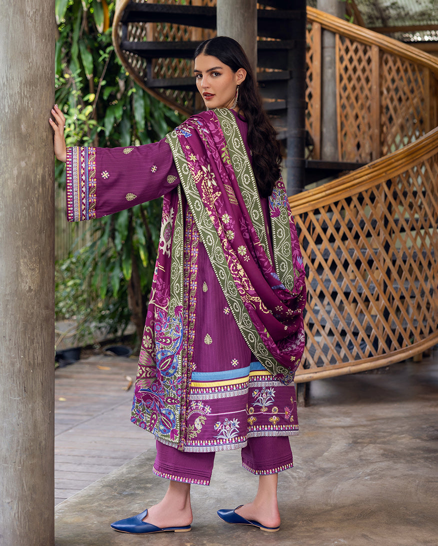 Hemline by Mushq Symphony Unstitched Karandi 3Pc Suit - Plum Swirl