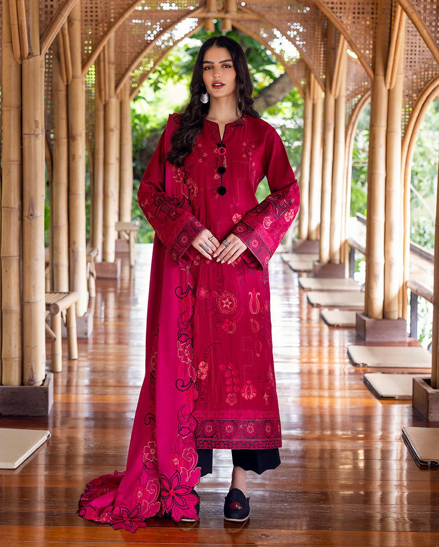 Hemline by Mushq Symphony Unstitched Karandi 3Pc Suit - Darling Bloom