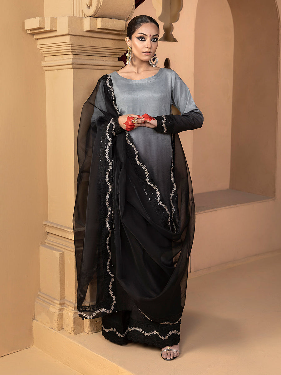 Hemstitch Embroidered Raw Silk Ready to Wear 3Pc Suit - Hazel