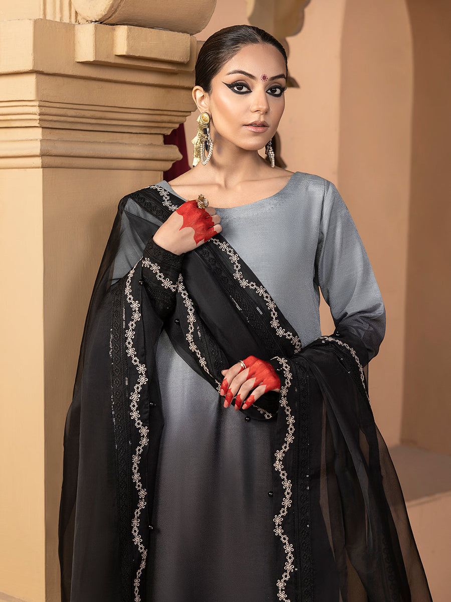 Hemstitch Embroidered Raw Silk Ready to Wear 3Pc Suit - Hazel