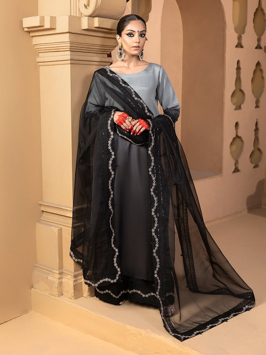 Hemstitch Embroidered Raw Silk Ready to Wear 3Pc Suit - Hazel