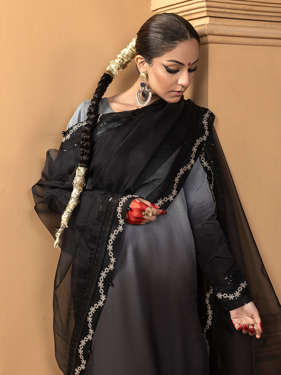 Hemstitch Embroidered Raw Silk Ready to Wear 3Pc Suit - Hazel